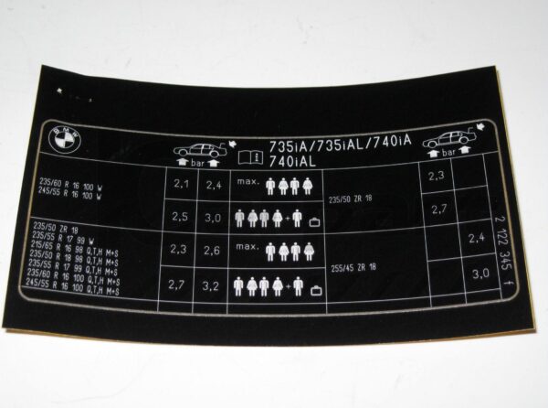 New OEM BMW E38 Tyre Pressure Table Sticker Label Chart 2122345 71212122345