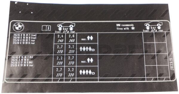 Genuine New BMW E64 650i Tyre Pressure Table Chart Label Sticker 71246783387 OEM