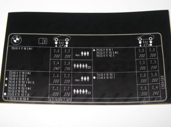 New OEM BMW F25 04/11> Tyre Pressure Chart Table Label Sticker 71246854063