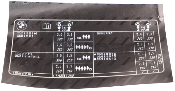 New OEM BMW F11 4-Cyl Tyre Pressure Chart Table Label Sticker 71246855223