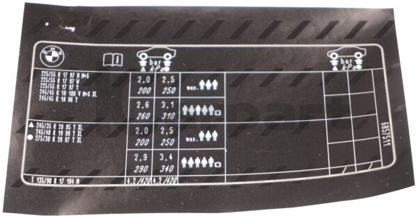 New OEM BMW F11 4-Cyl Tyre Pressure Chart Table Label Sticker 71246857511